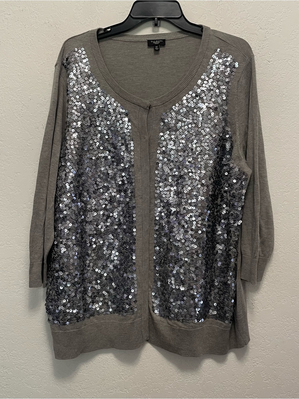 Talbots Cardigan Sweater Women’s 3X Gray Sequin 3/4 Sleeve